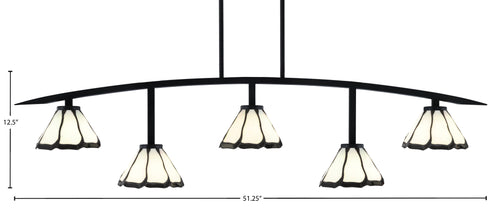 Kurve Five Light Bar in Matte Black with 7" Pearl & Black Flair Art Glass Shade
