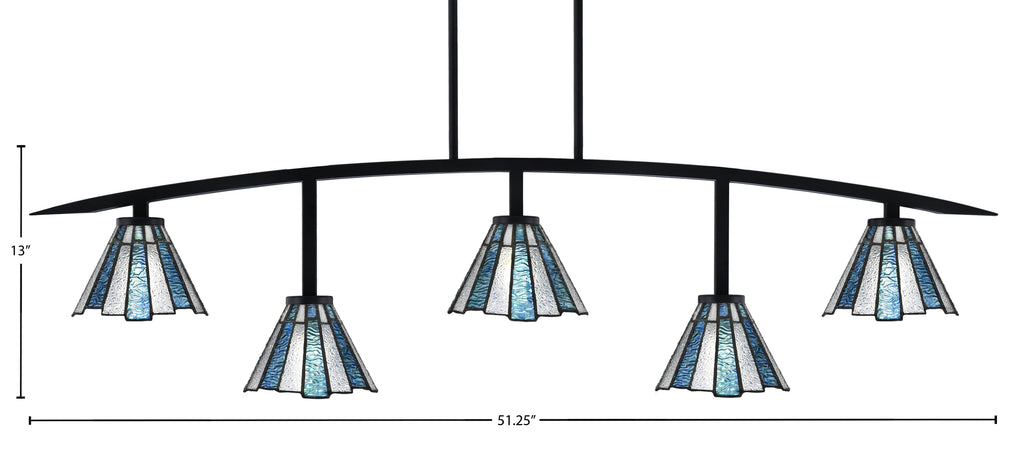 Kurve Five Light Bar in Matte Black with 7" Sea Ice Art Glass Shade