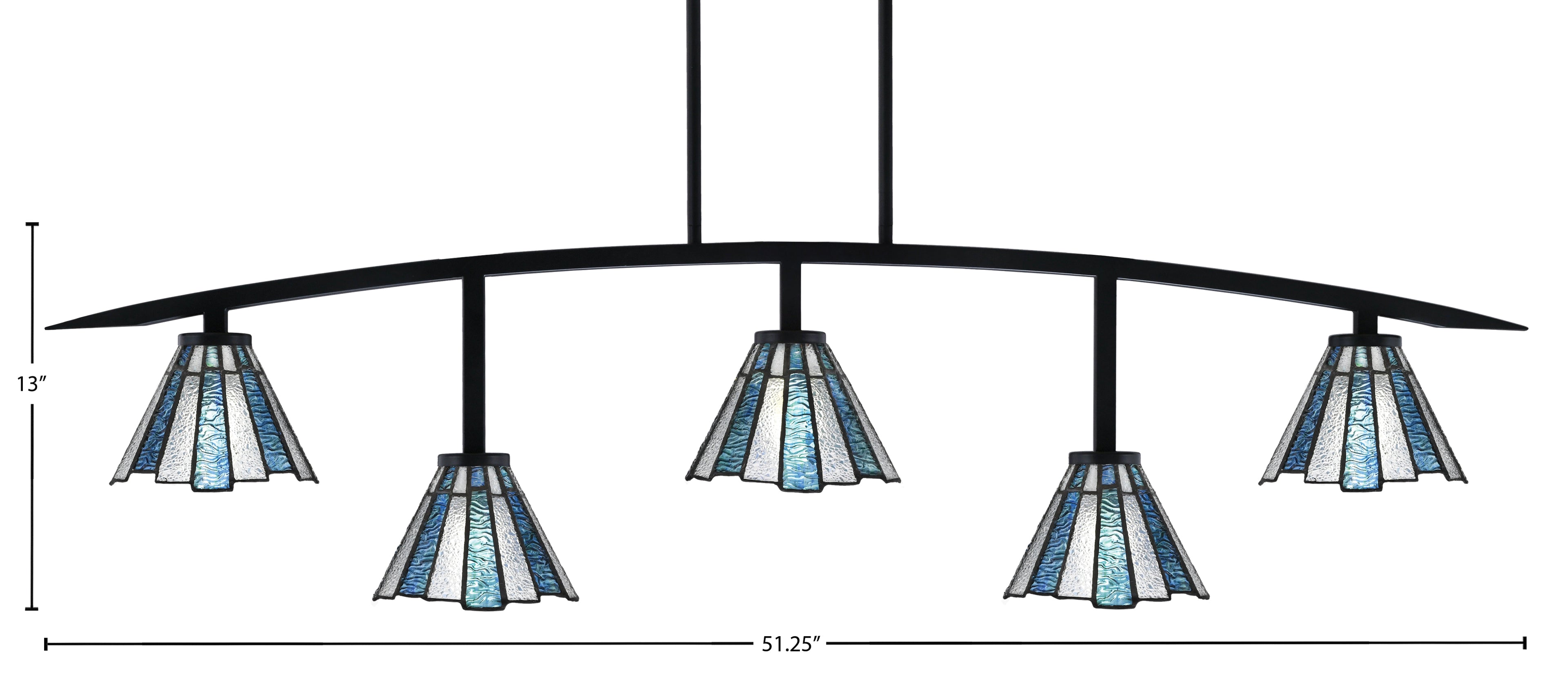 Kurve Five Light Bar in Matte Black with 7" Sea Ice Art Glass Shade