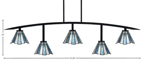Kurve Five Light Bar in Matte Black with 7" Sea Ice Art Glass Shade