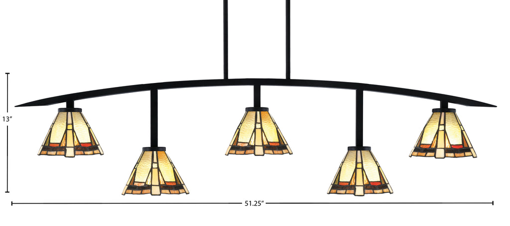 Kurve Five Light Bar in Matte Black with 7" Zion Art Glass Shade