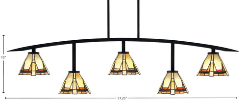 Kurve Five Light Bar in Matte Black with 7" Zion Art Glass Shade