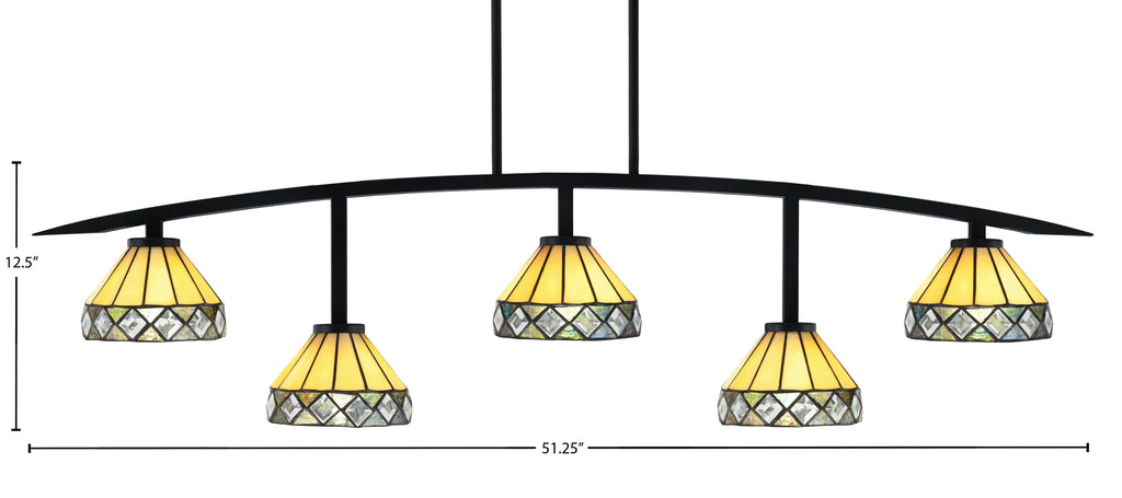 Kurve Five Light Bar in Matte Black with 7" Diamond Peak Art Glass Shade