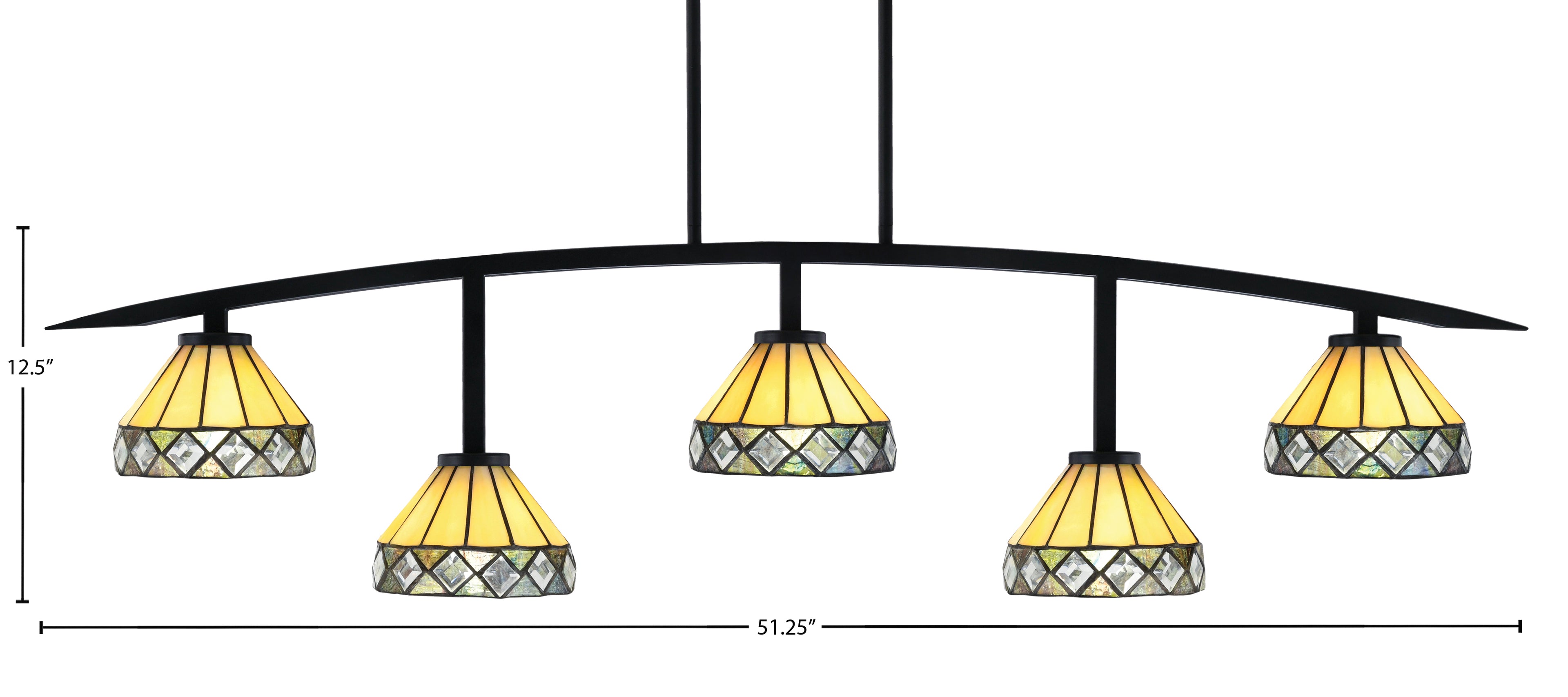 Kurve Five Light Bar in Matte Black with 7" Diamond Peak Art Glass Shade