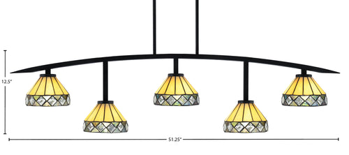 Kurve Five Light Bar in Matte Black with 7" Diamond Peak Art Glass Shade