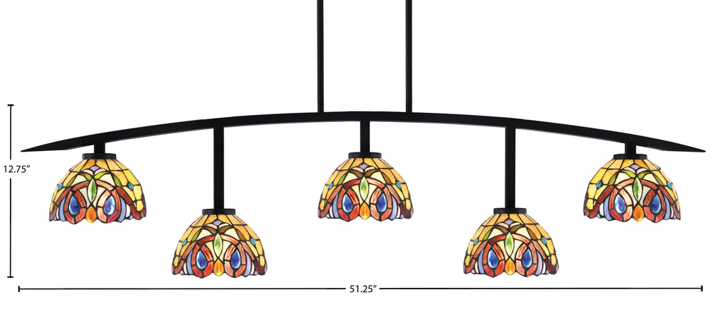 Kurve Five Light Bar in Matte Black with 7" Lynx Art Glass Shade