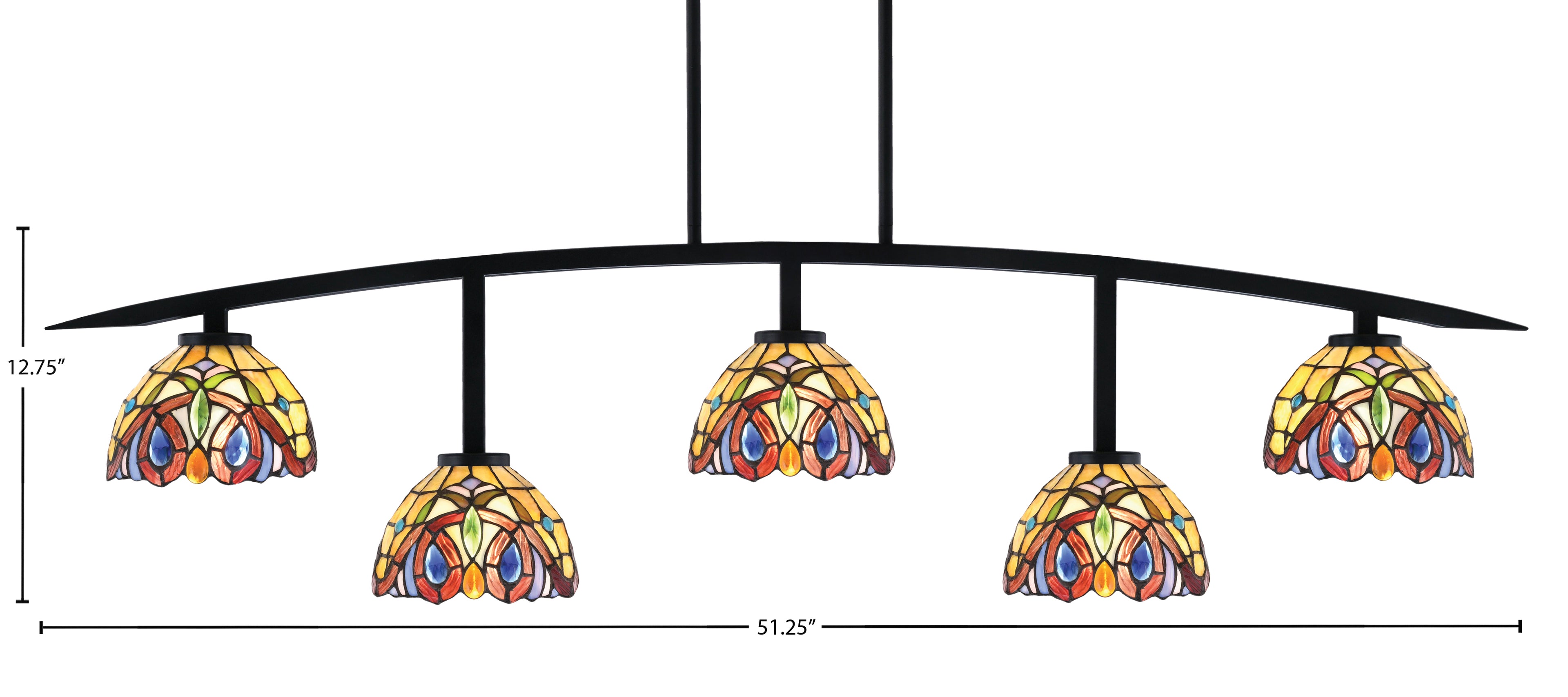 Kurve Five Light Bar in Matte Black with 7" Lynx Art Glass Shade