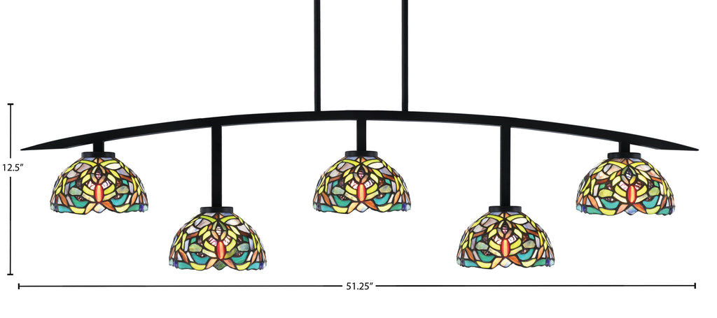 Kurve Five Light Bar in Matte Black with 7" Kaleidoscope Art Glass Shade
