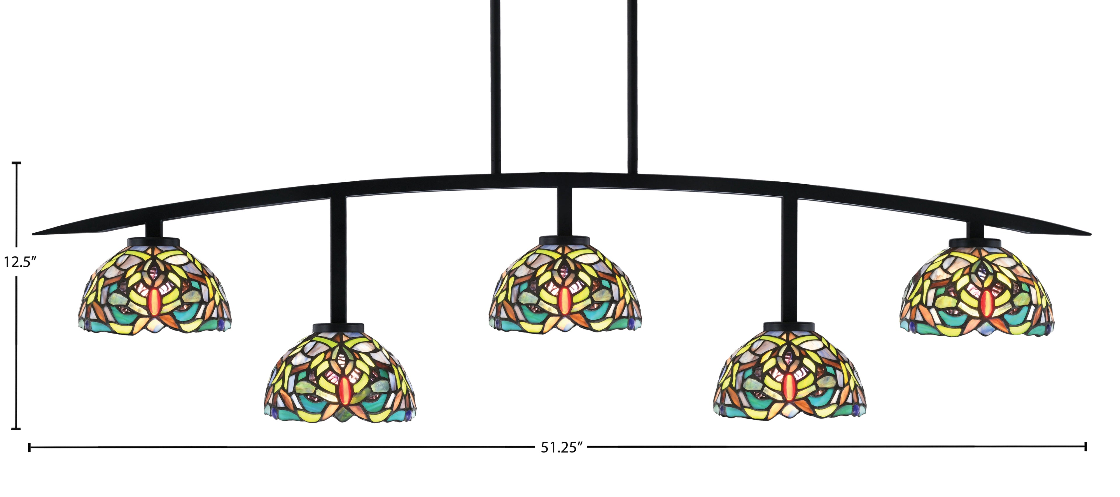 Kurve Five Light Bar in Matte Black with 7" Kaleidoscope Art Glass Shade