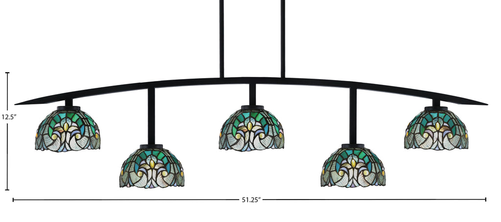 Kurve Five Light Bar in Matte Black with 7" Turquoise Cypress Art Glass Shade