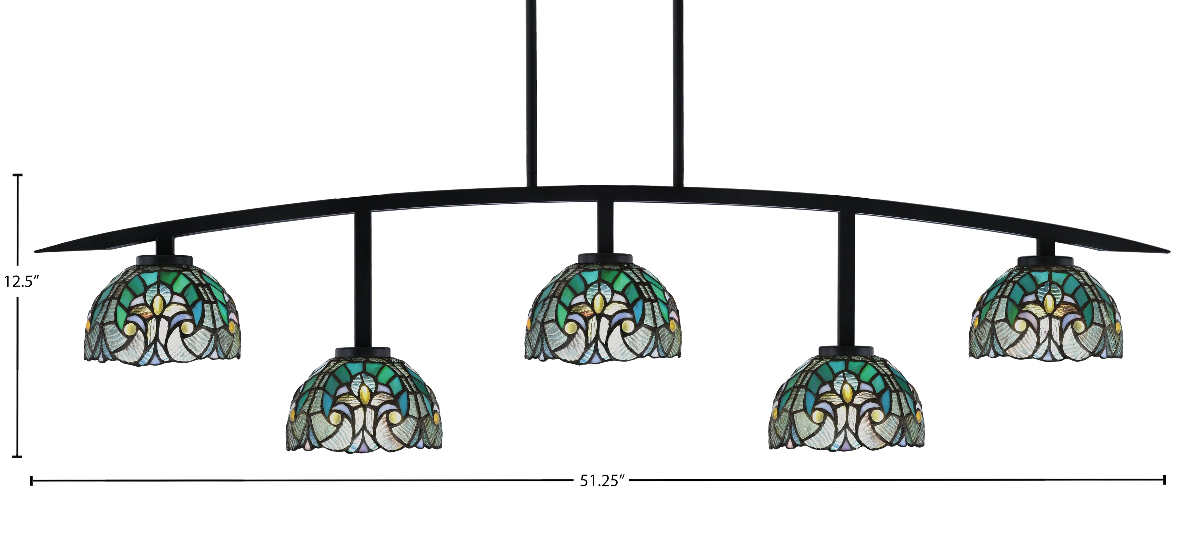 Kurve Five Light Bar in Matte Black with 7" Turquoise Cypress Art Glass Shade