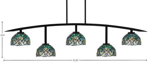 Kurve Five Light Bar in Matte Black with 7" Turquoise Cypress Art Glass Shade