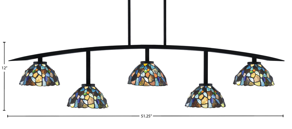 Kurve Five Light Bar in Matte Black with 7" Blue Mosaic Art Glass Shade