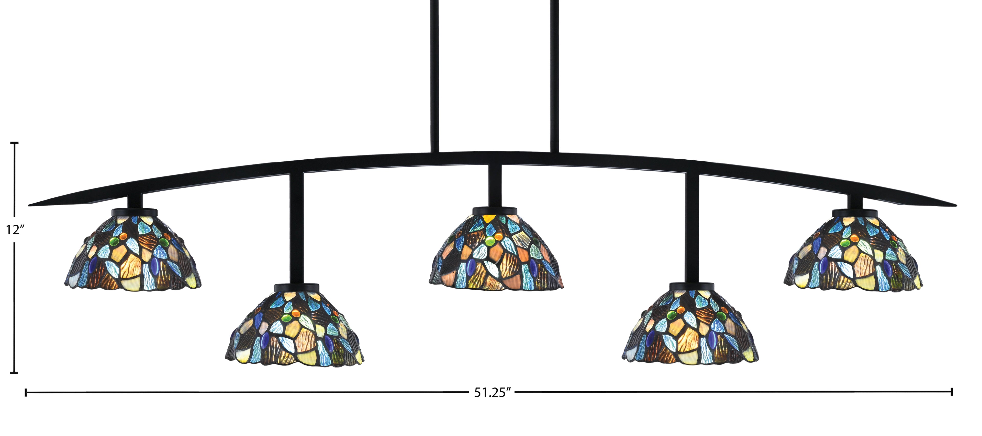 Kurve Five Light Bar in Matte Black with 7" Blue Mosaic Art Glass Shade