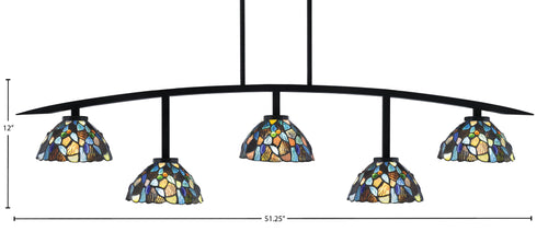 Kurve Five Light Bar in Matte Black with 7" Blue Mosaic Art Glass Shade