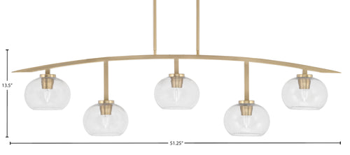 Kurve Five Light Bar in New Age Brass with Clear Bubble Shade