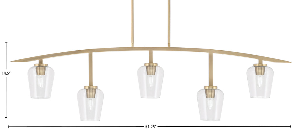 Kurve Five Light Bar in New Age Brass with Clear Bubble Shade