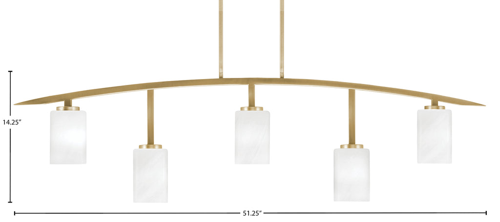 Kurve Five Light Bar in New Age Brass with 4" White Marble Shade