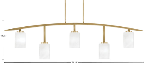 Kurve Five Light Bar in New Age Brass with 4" White Marble Shade