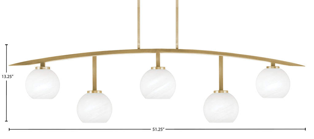 Kurve Five Light Bar in New Age Brass with 5.75" White Marble Shade