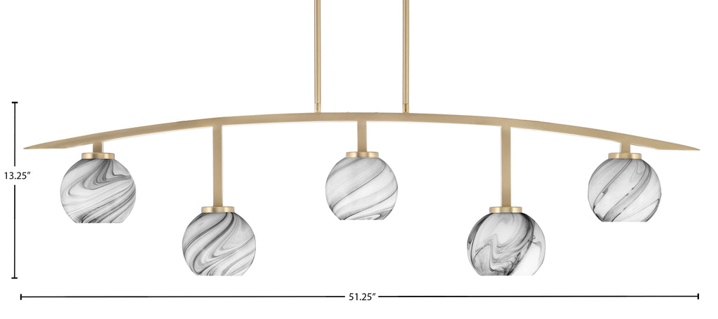 Kurve Five Light Bar in New Age Brass with Onyx Swirl Shade