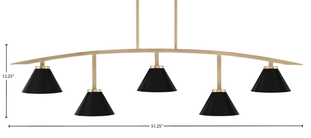 Kurve Five Light Bar in New Age Brass with Matte Black Cone Metal Shade Shade