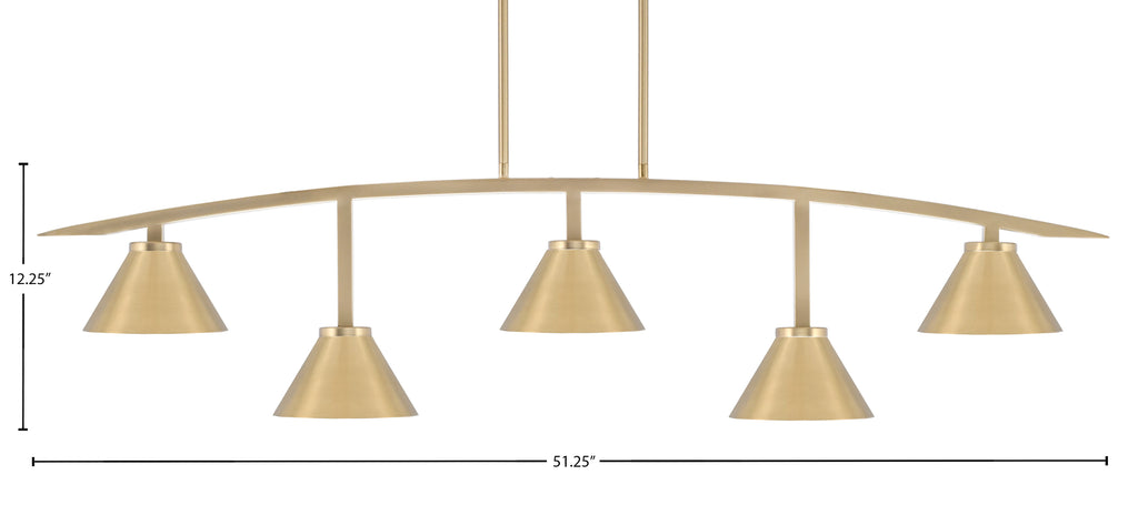Kurve Five Light Bar in New Age Brass with New Age Brass Cone Metal Shade Shade