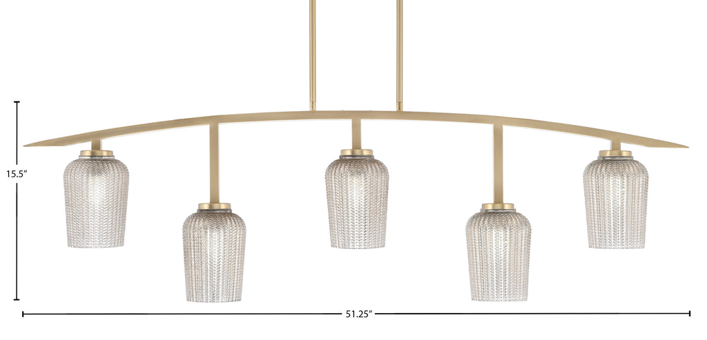 Kurve Five Light Bar in New Age Brass with Silver Textured Shade
