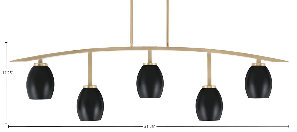 Kurve Five Light Bar in New Age Brass with Matte Black Oval Metal Shade Shade