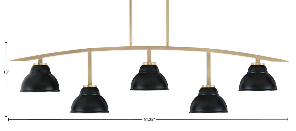 Kurve Five Light Bar in New Age Brass with Matte Black Double Bubble Metal Shade Shade
