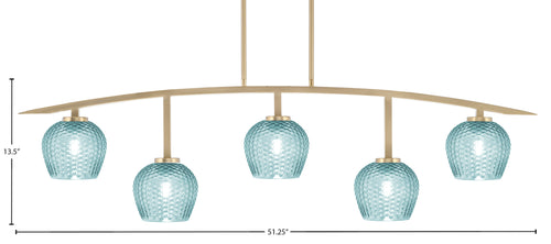 Kurve Five Light Bar in New Age Brass with Turquoise Textured Shade