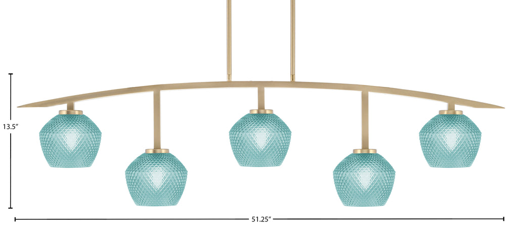Kurve Five Light Bar in New Age Brass with Turquoise Textured Shade