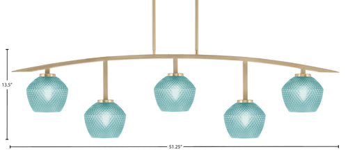 Kurve Five Light Bar in New Age Brass with Turquoise Textured Shade