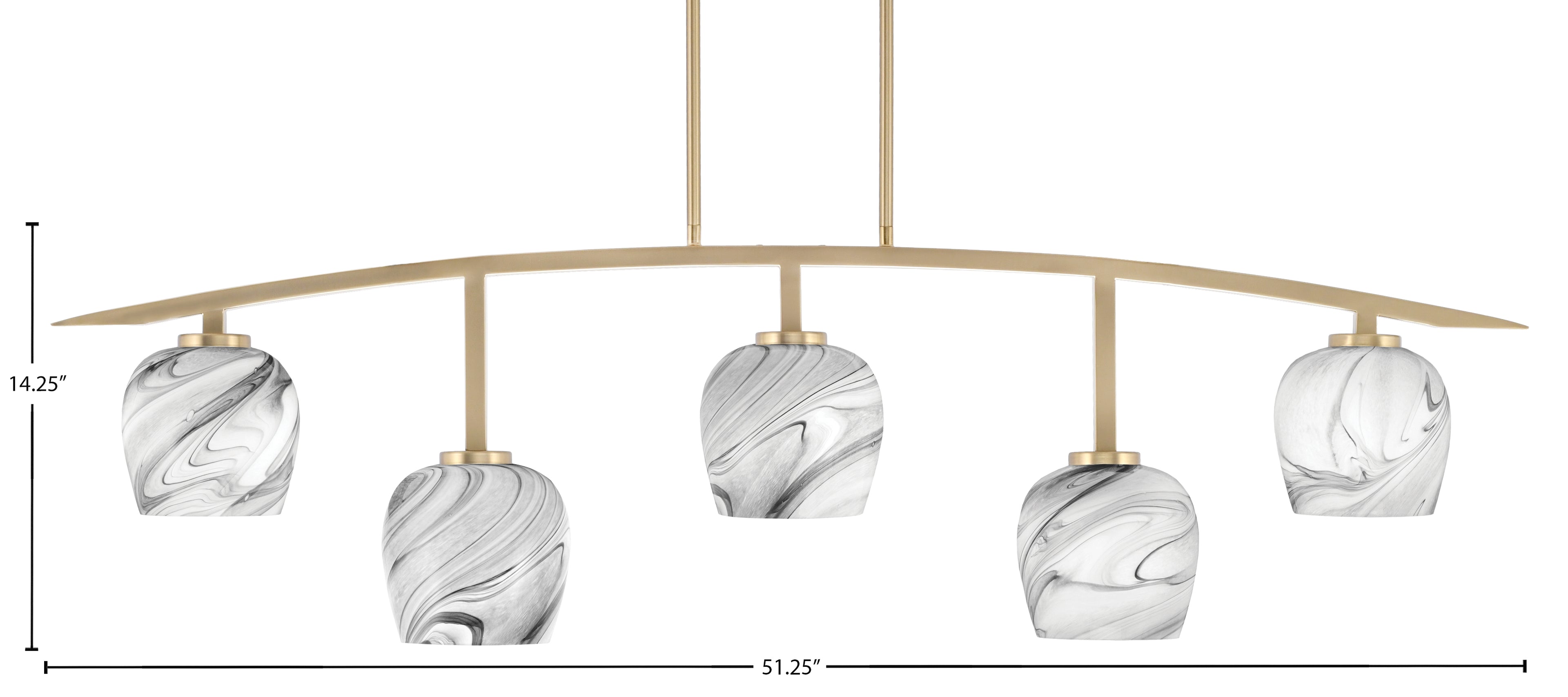 Kurve Five Light Bar in New Age Brass with Onyx Swirl Shade