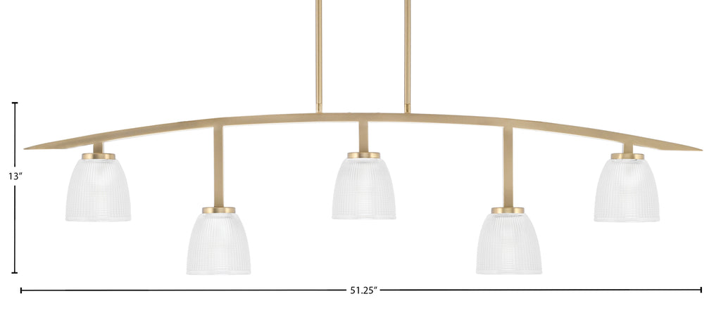 Kurve Five Light Bar in New Age Brass with Clear Ribbed Shade