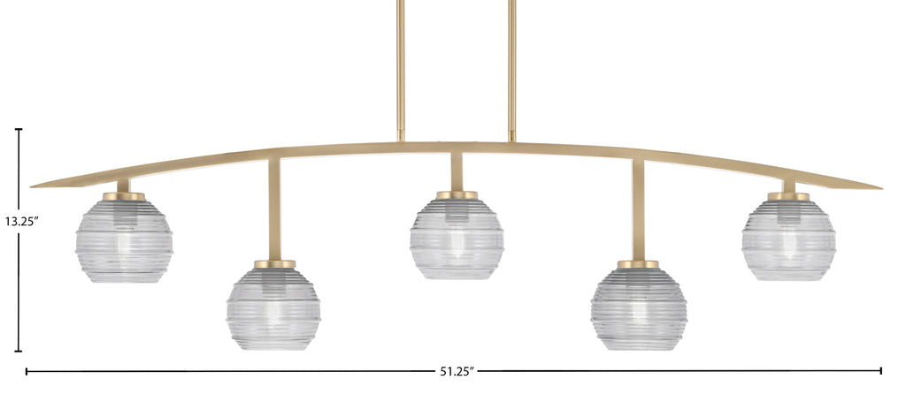 Kurve Five Light Bar in New Age Brass with Clear Ribbed Shade
