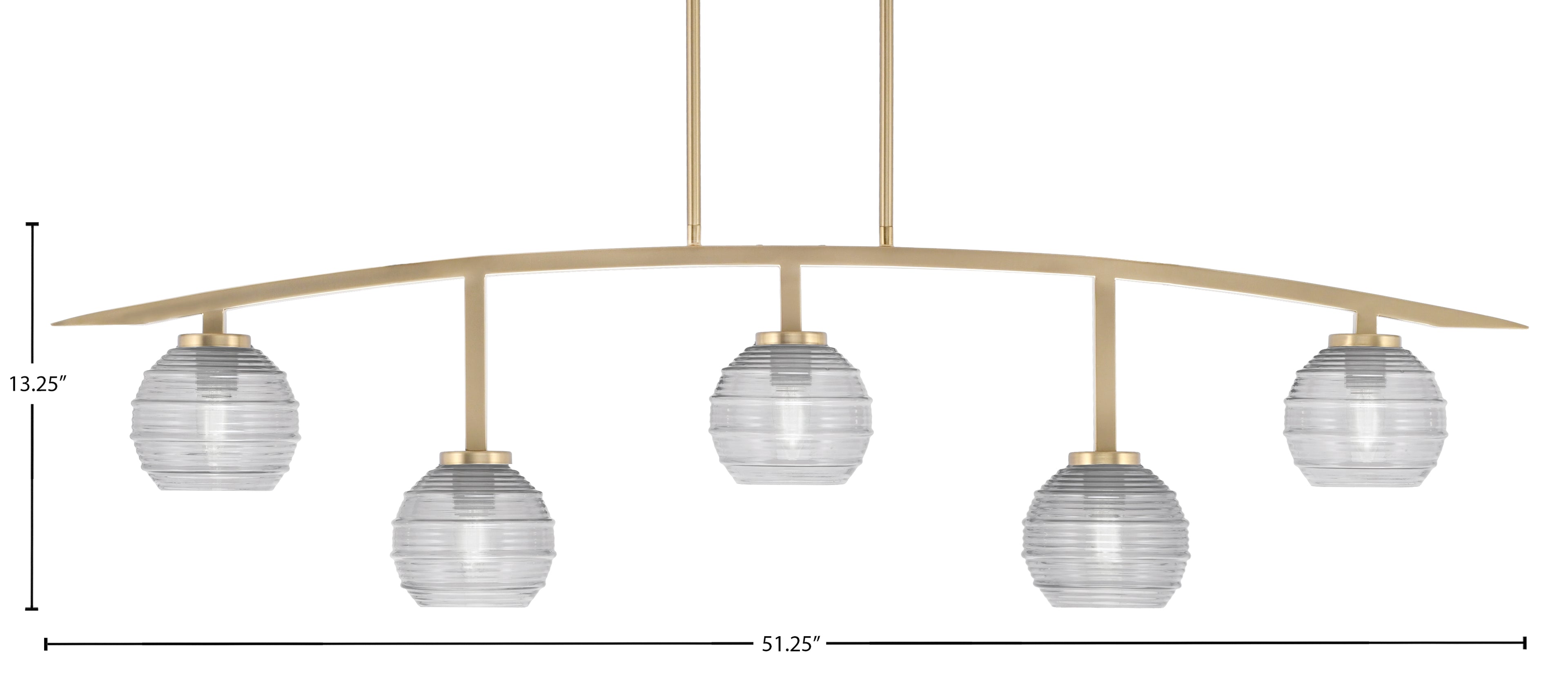 Kurve Five Light Bar in New Age Brass with Clear Ribbed Shade
