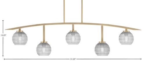 Kurve Five Light Bar in New Age Brass with Clear Ribbed Shade