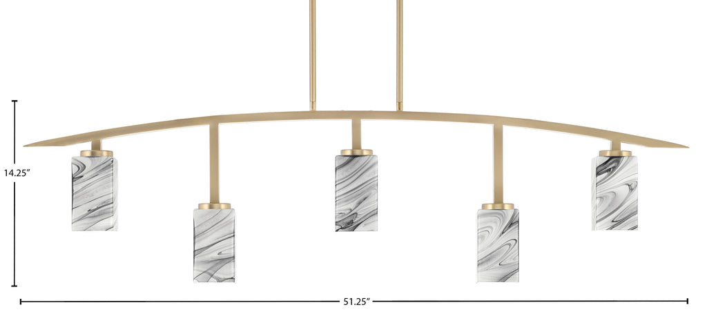 Kurve Five Light Bar in New Age Brass with Square Onyx Swirl Shade