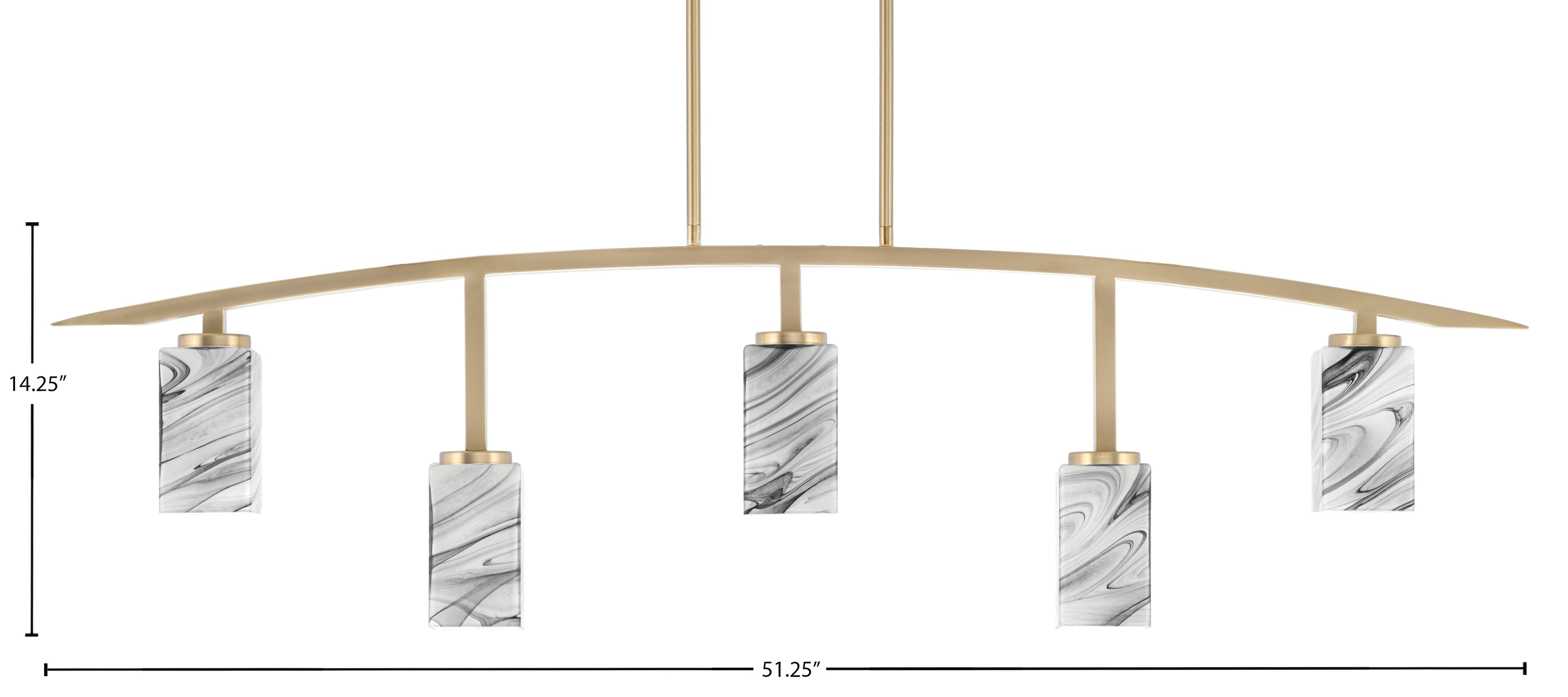 Kurve Five Light Bar in New Age Brass with Square Onyx Swirl Shade