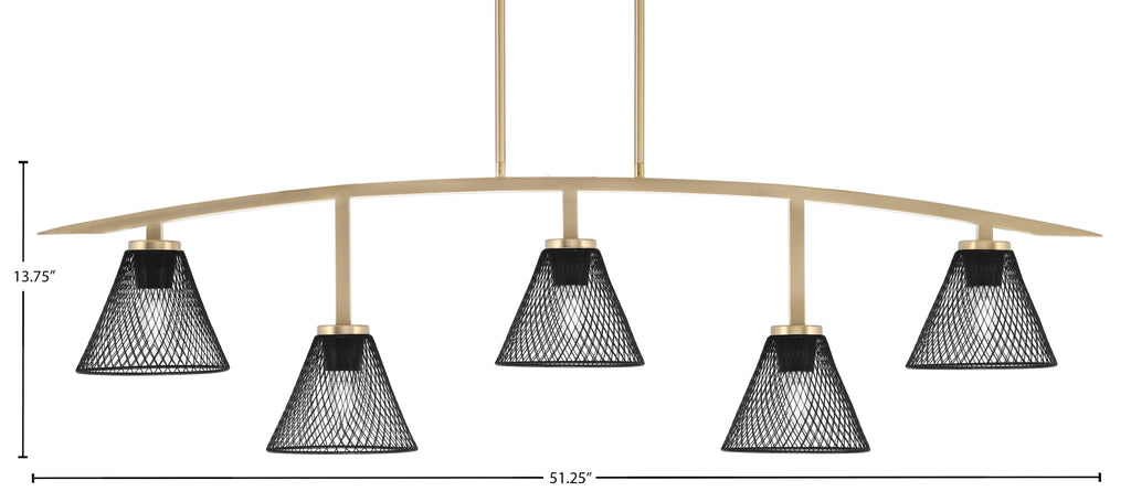 Kurve Five Light Bar in New Age Brass with Matte Black Cone Mesh Metal Shade Shade