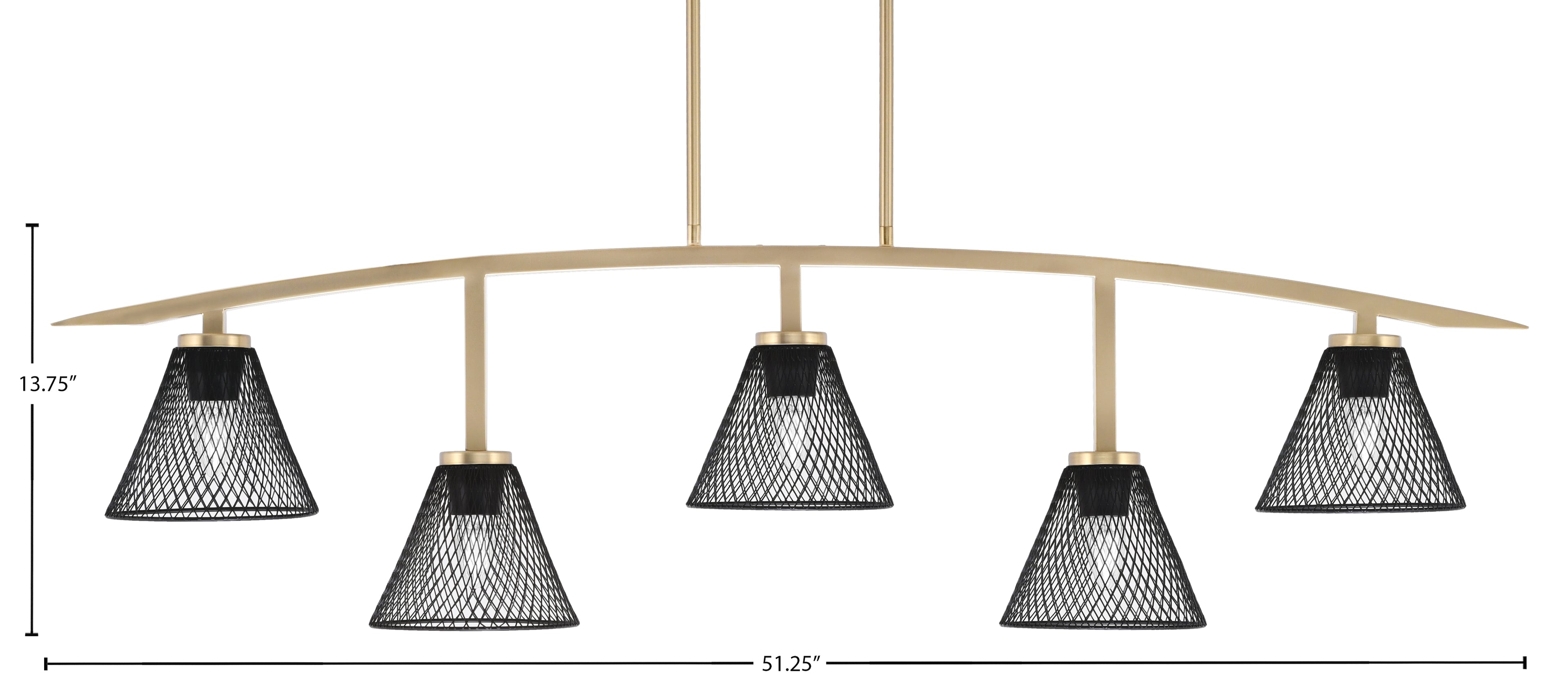 Kurve Five Light Bar in New Age Brass with Matte Black Cone Mesh Metal Shade Shade
