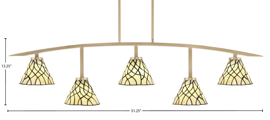 Kurve Five Light Bar in New Age Brass with Sandhill Art Glass Shade