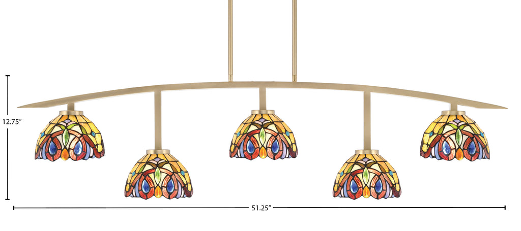 Kurve Five Light Bar in New Age Brass with Lynx Art Glass Shade
