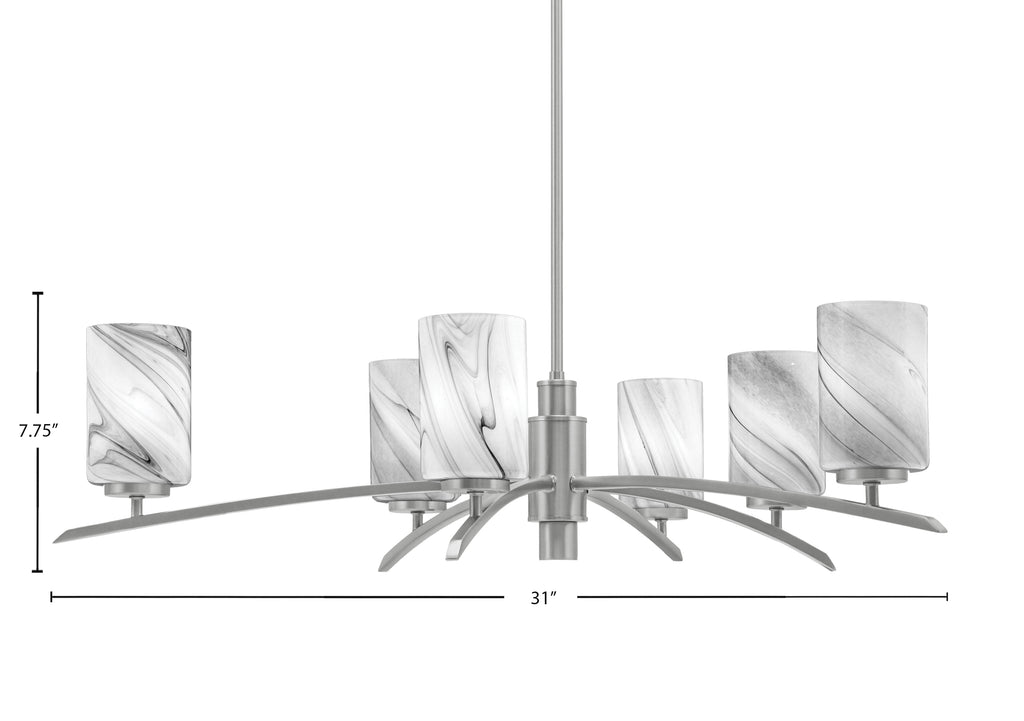Kurve Six Light Chandelier in Graphite with Onyx Swirl Shade