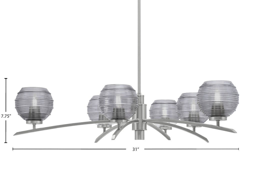Kurve Six Light Chandelier in Graphite with Smoke Ribbed Shade