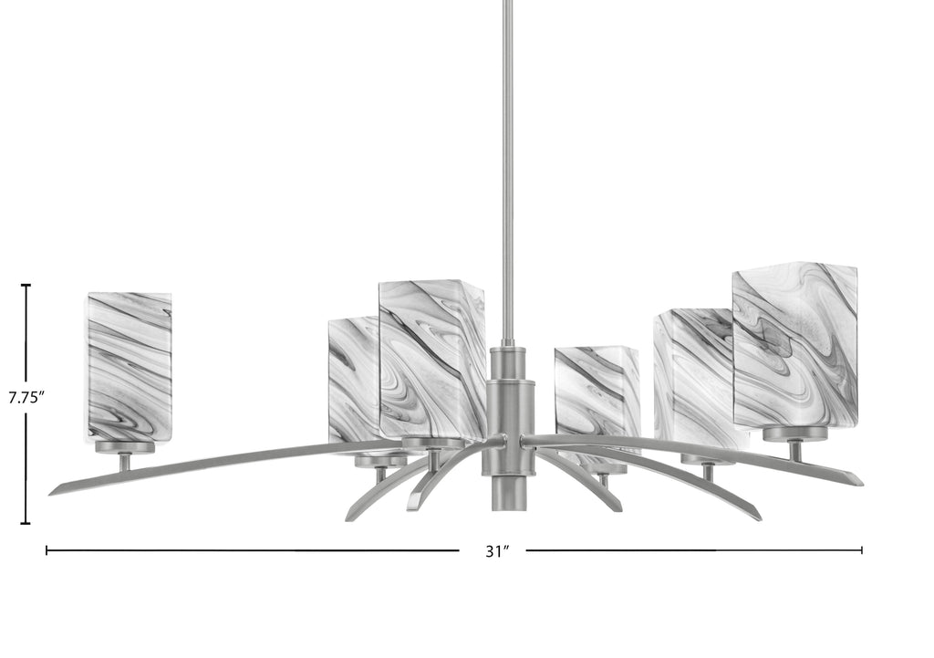 Kurve Six Light Chandelier in Graphite with Square Onyx Swirl Shade