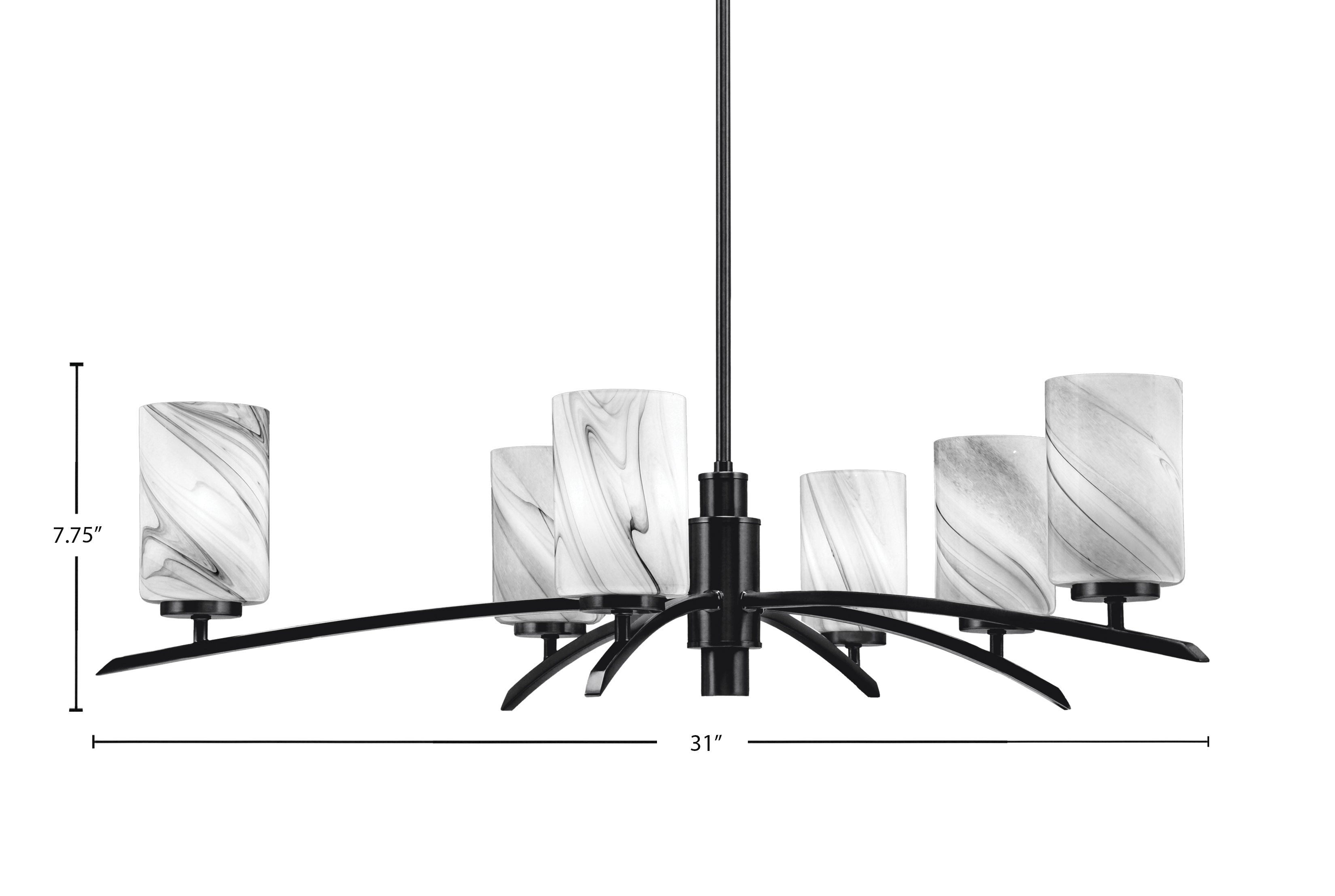 Kurve Six Light Chandelier in Matte Black with Onyx Swirl Shade