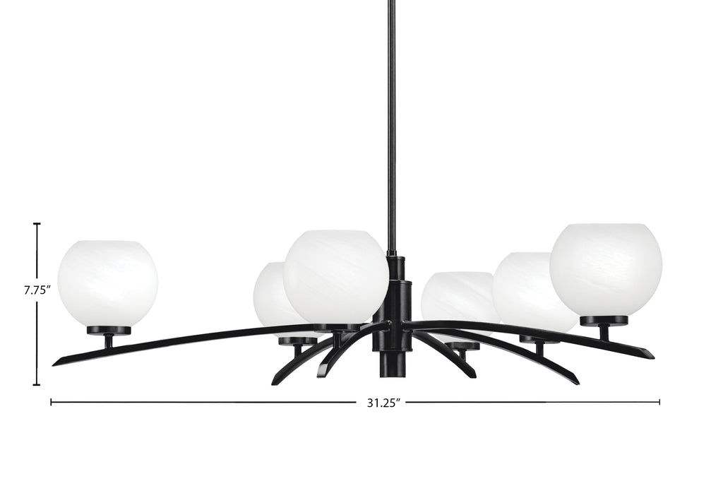 Kurve Six Light Chandelier in Matte Black with White Marble Shade