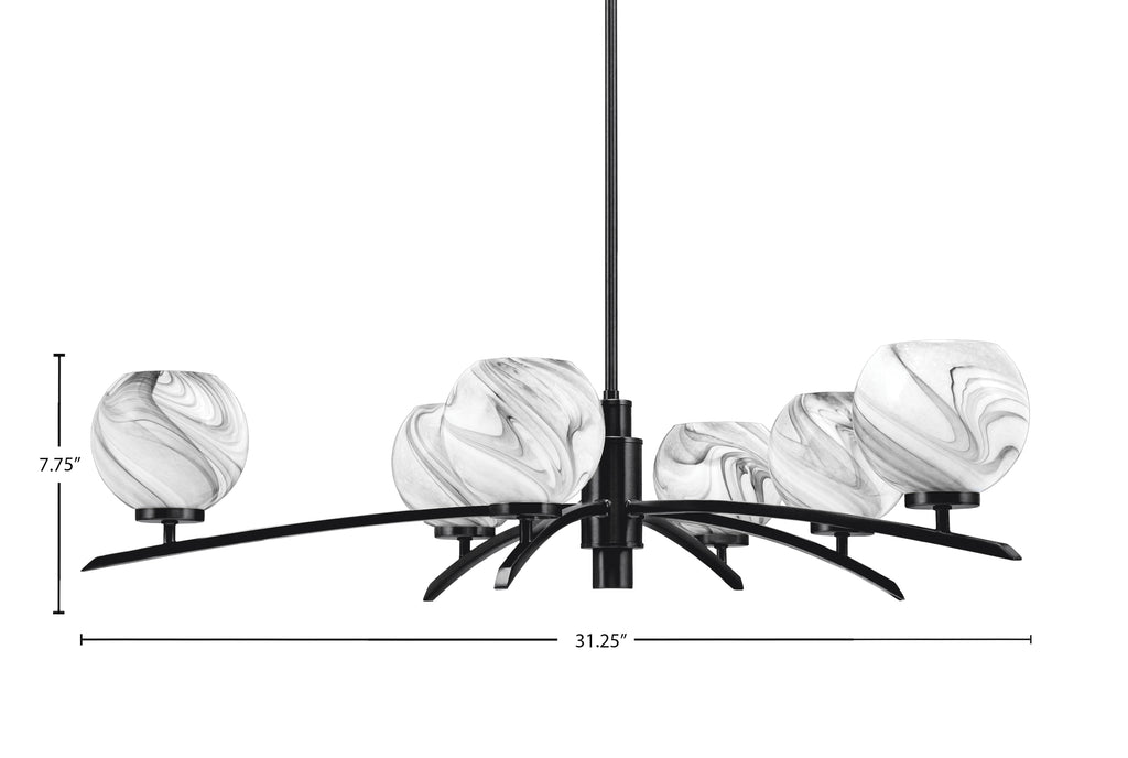 Kurve Six Light Chandelier in Matte Black with Onyx Swirl Shade